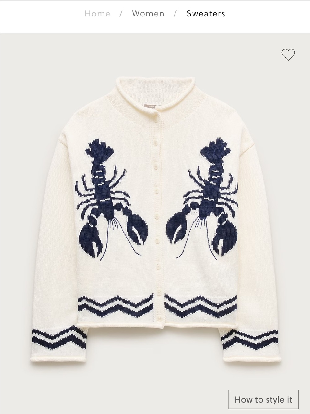 J. Crew Cream Cardigan with Navy Lobster Intarsia